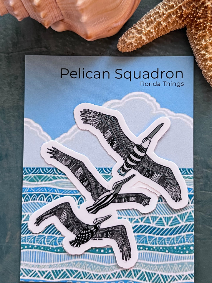 Pelican Squadron Stickers 3" | Cute Ocean Pelican Squadron Vinyl Sticker | Black & White, Waterproof Pelican Squadron Decal for Laptop, Water Bottle, Journal, Gift for Ocean Lovers