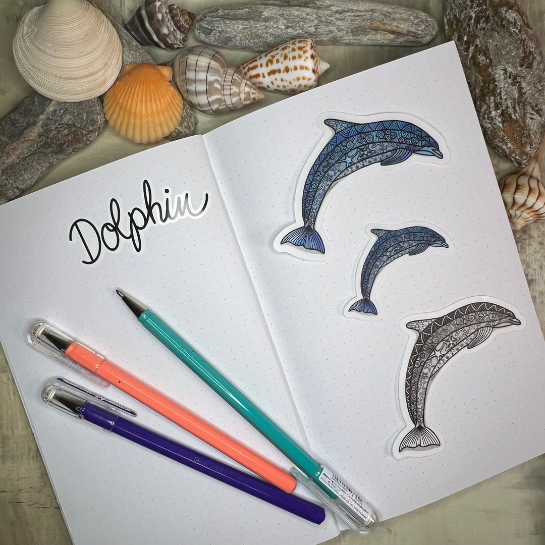 Sticker - Dolphin - Black & White - White Background - 3"