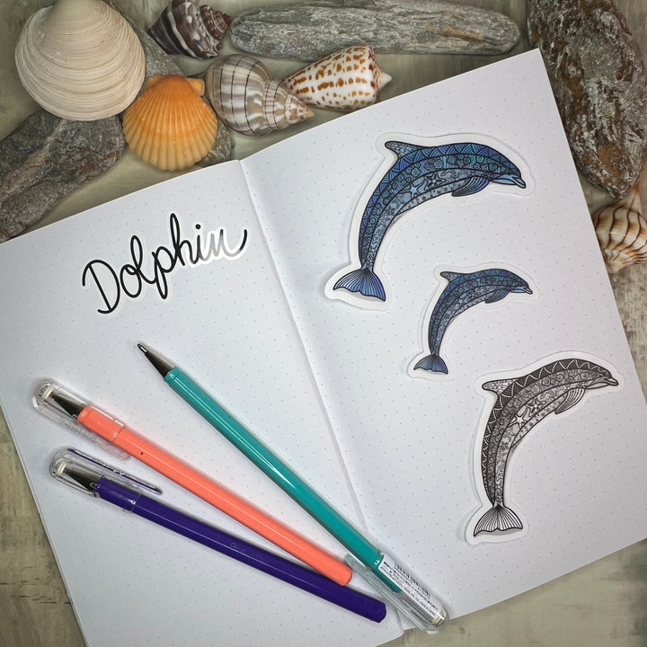 Sticker - Dolphin - Black & White - White Background - 3"