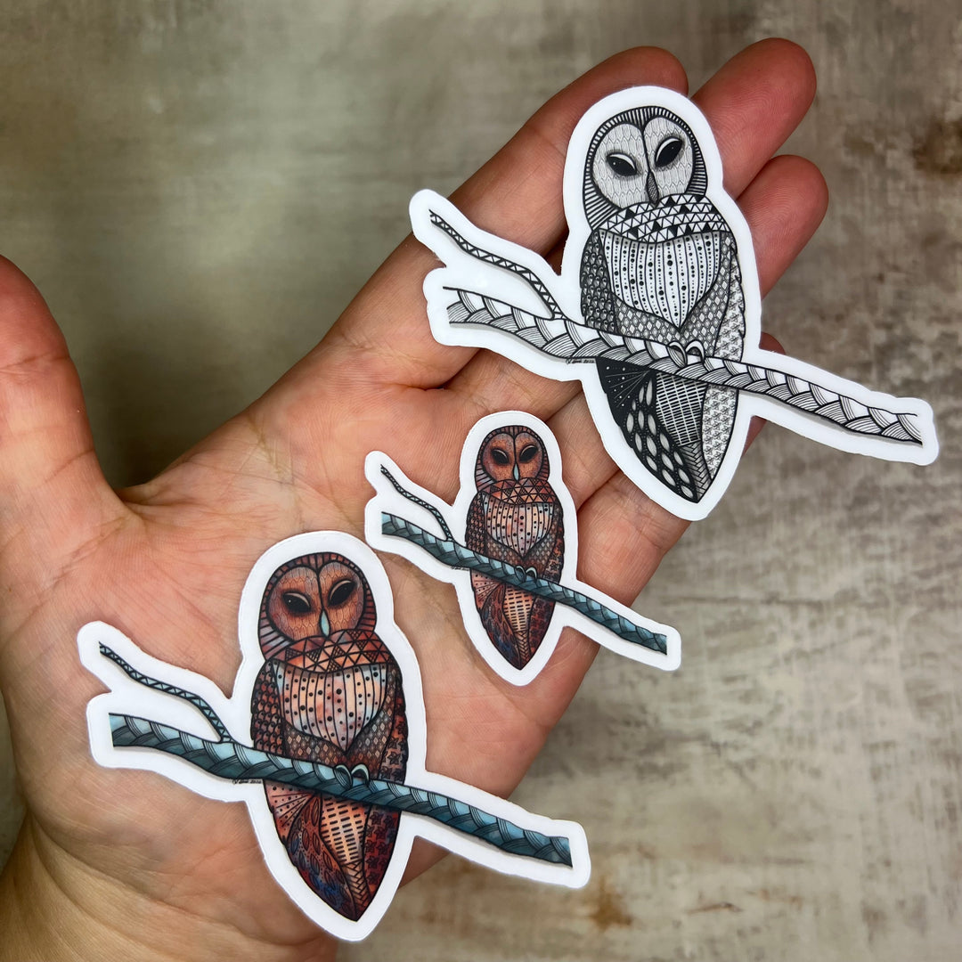 Sticker - Barred Owl - Black & White - White Background - 3"