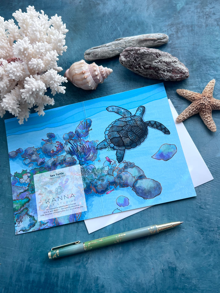 Sea Turtle Full Color Blank Note Card 4.5 x 6.25 | Ocean Animal Greeting Card | Cute Turtle Stationery, Coastal Gift