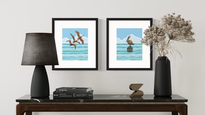 Pelican Key West Art Print 8 x 10 | Colorful Ocean Wall Art | Pelican Key West Life Illustration, Coastal Beach Decor