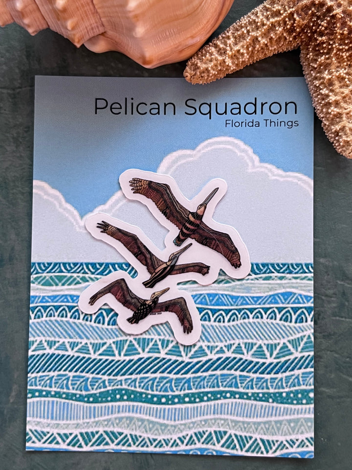 Pelican Squadron Stickers 2" or 3" | Cute Ocean Pelican Squadron Vinyl Sticker | Clear, Blue, Waterproof Pelican Squadron Decal for Laptop, Water Bottle, Journal, Gift for Ocean Lovers