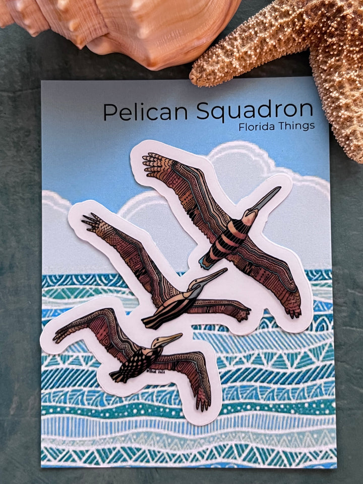 Pelican Squadron Stickers 2" or 3" | Cute Ocean Pelican Squadron Vinyl Sticker | Clear, Blue, Waterproof Pelican Squadron Decal for Laptop, Water Bottle, Journal, Gift for Ocean Lovers