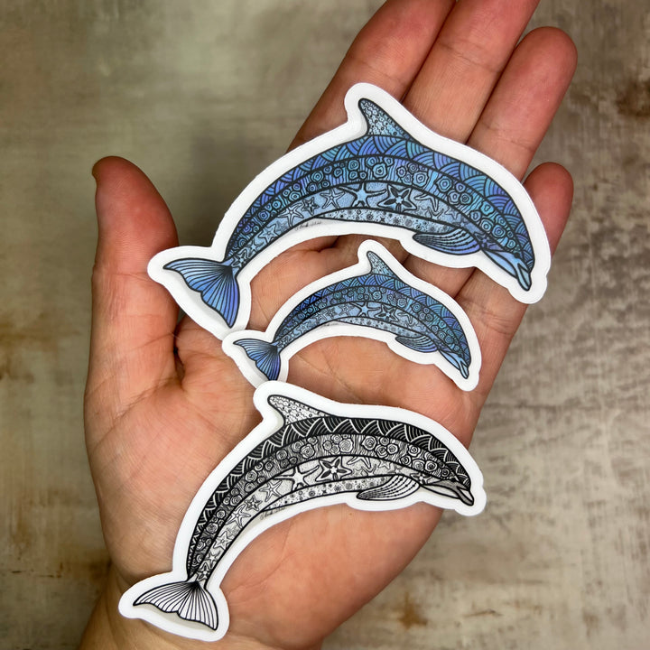 Sticker - Dolphin - Black & White - White Background - 3"