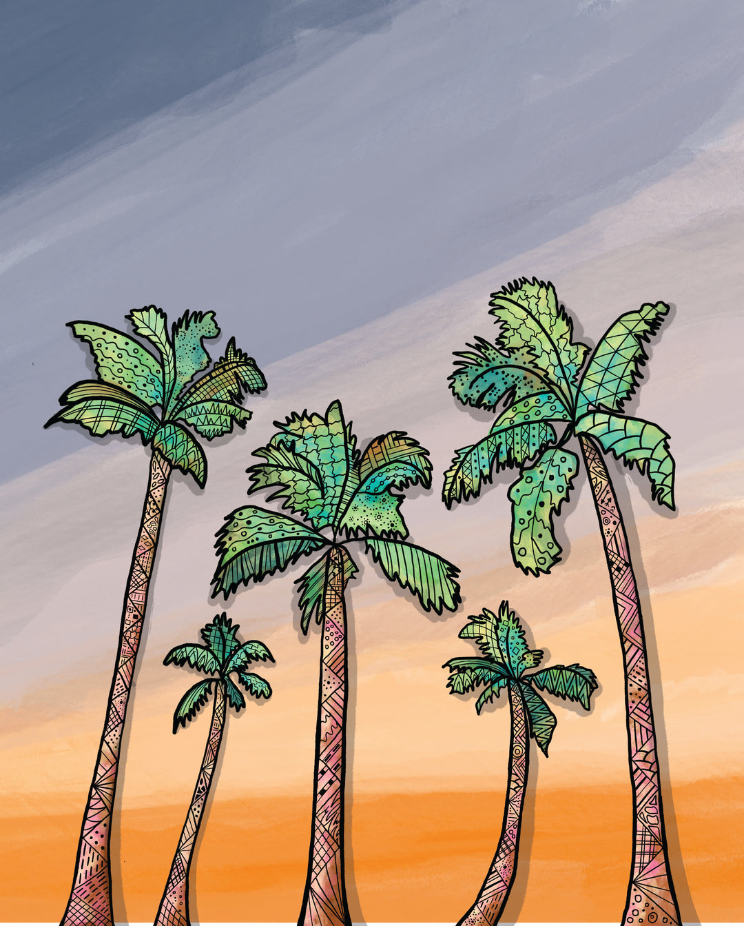 Palm Trees | Art Print 8 x 10 | Colorful Ocean Wall Art | Palm Trees Illustration, Coastal Beach Decor