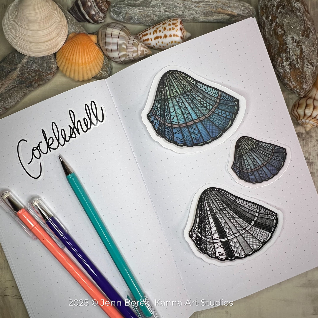 Cockleshell | Stickers 3" | Cute Ocean Cockleshell Vinyl Sticker | Black & White, Waterproof Cockleshell Decal for Laptop, Water Bottle, Journal, Gift for Ocean Lovers
