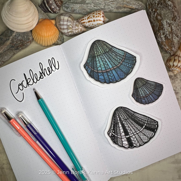 Cockleshell | Stickers 3" | Cute Ocean Cockleshell Vinyl Sticker | Black & White, Waterproof Cockleshell Decal for Laptop, Water Bottle, Journal, Gift for Ocean Lovers