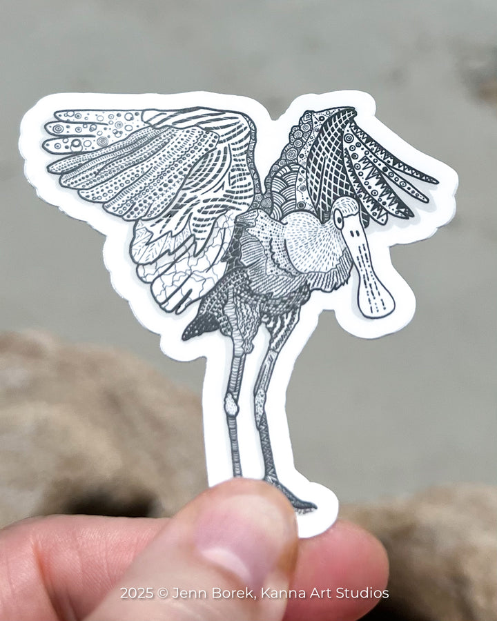 Spoonbill Flapping | Stickers 3" | Spoonbill Vinyl Sticker | Black & White, Waterproof Spoonbill Decal for Laptop, Water Bottle, Journal, Gift for Ocean Lovers