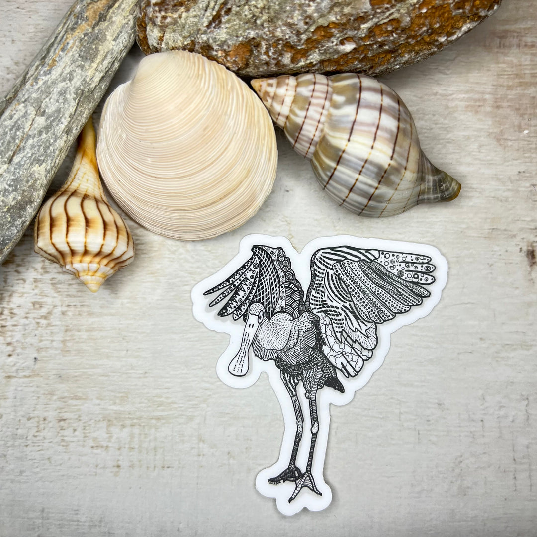 Sticker - Spoonbill Flapping - Black & White - white background - 2.8" x 3"