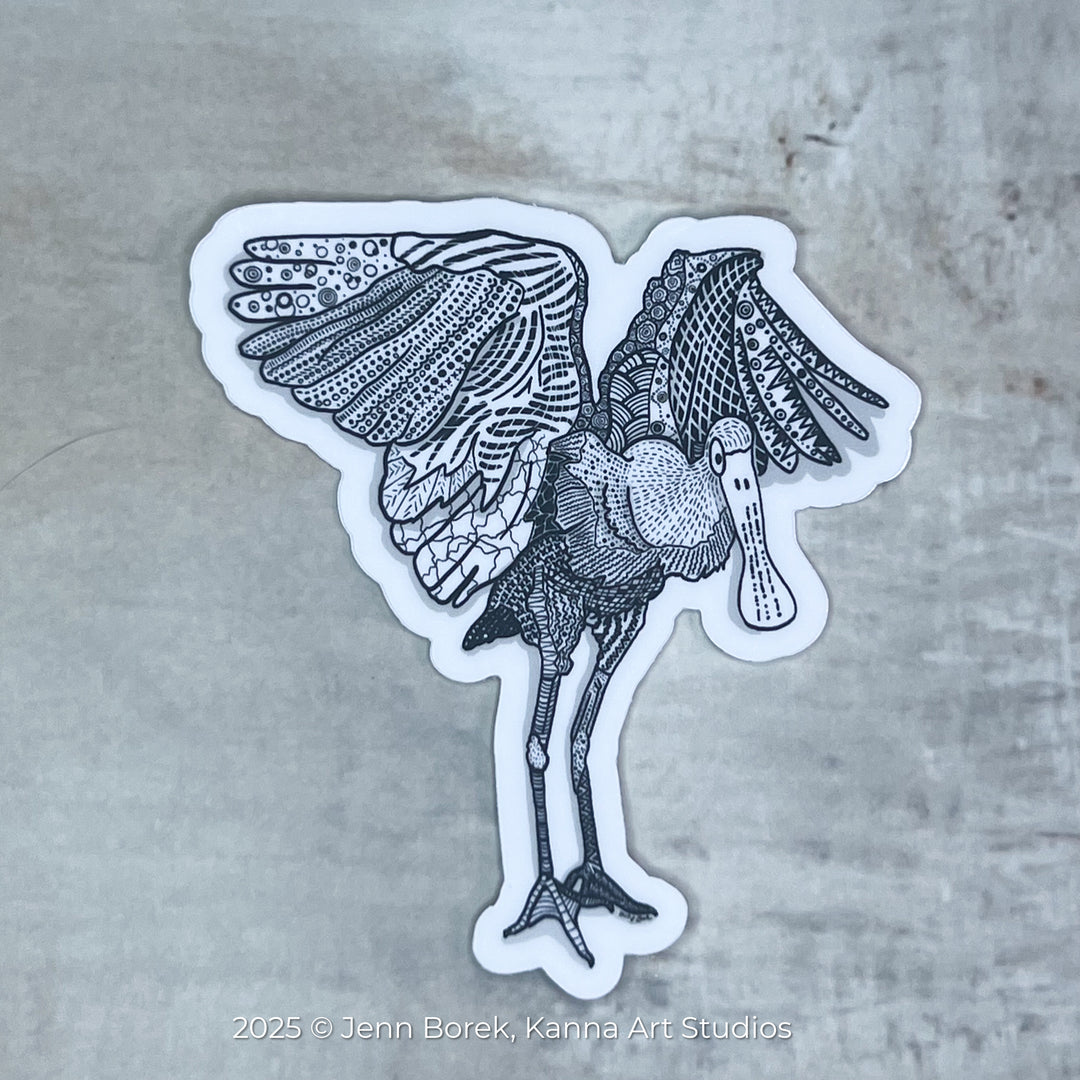 Spoonbill Flapping | Stickers 3" | Spoonbill Vinyl Sticker | Black & White, Waterproof Spoonbill Decal for Laptop, Water Bottle, Journal, Gift for Ocean Lovers