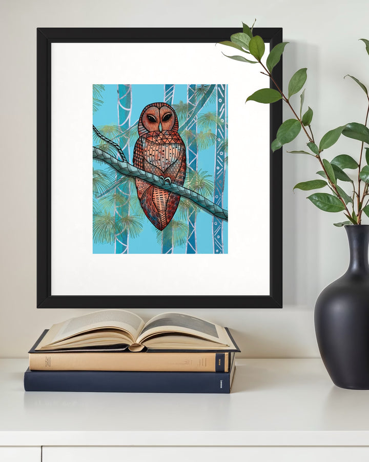 Barred Owl | Art Print 8 x 10 | Colorful Ocean Wall Art | Barred Owl Illustration, Coastal Beach Decor