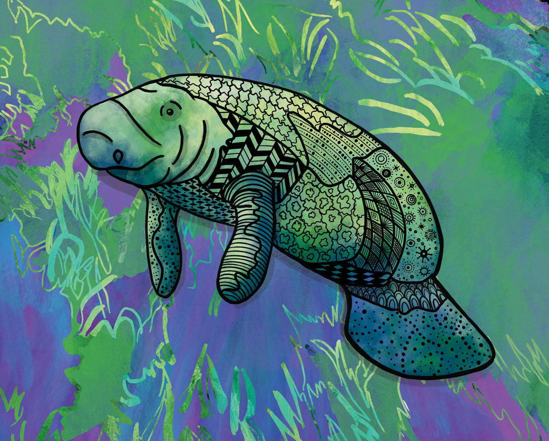 Manatee Art Print 8 x 10 | Colorful Ocean Wall Art | Manatee Life Illustration, Coastal Beach Decor