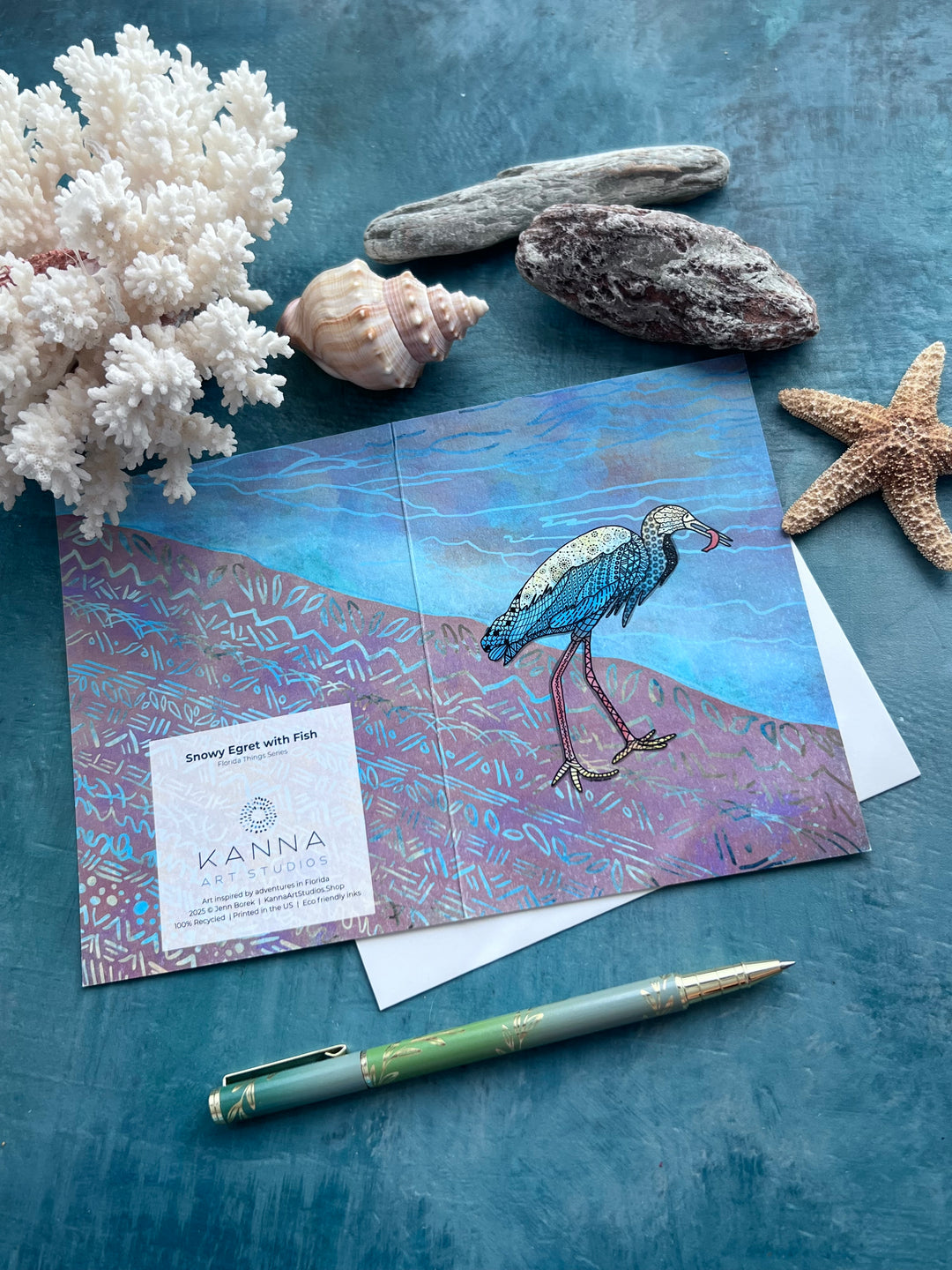 Snowy Egret & Fish | Blank Note Card 4.5 x 6.25 | Colorful Ocean Animal Greeting Card | Snowy Egret Stationery, Coastal Gift
