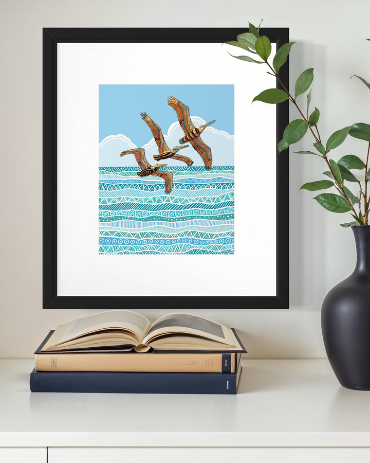 Pelican Squadron Art Print 8 x 10 | Colorful Ocean Wall Art | Pelican Squadron Life Illustration, Coastal Beach Decor