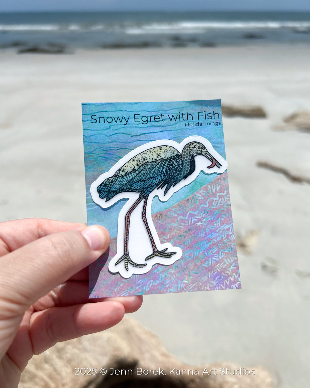 Snowy Egret & Fish | Stickers 2" or 3" | Shore Bird Snowy Egret Vinyl Sticker | Clear, Blue, Waterproof Snowy Egret Decal for Laptop, Water Bottle, Journal, Gift for Ocean Lovers