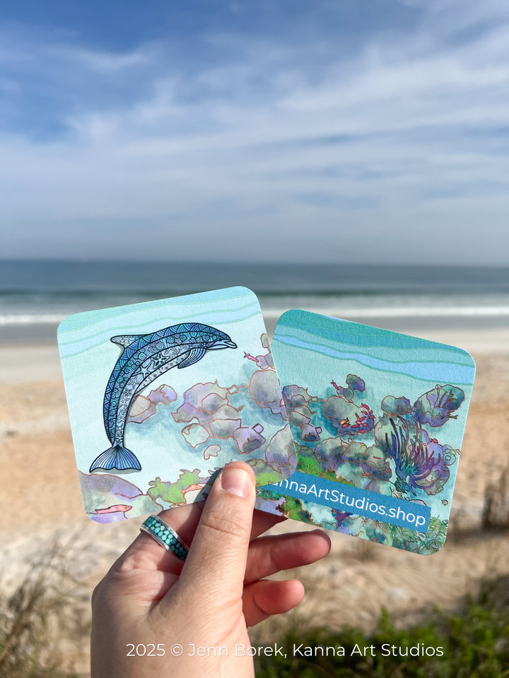 Dolphin Paper Coaster 3.5 X 3.5 | Dolphin Paper Coaster | Cute Dolphin Coaster for journalers, ocean lovers, or ocean themed gathering