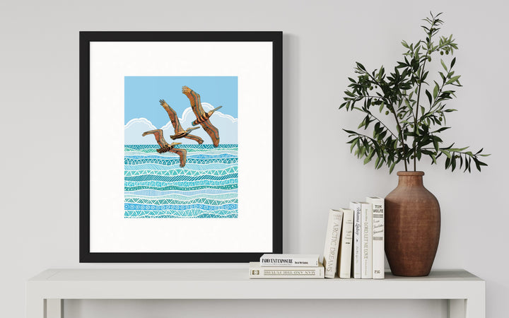 Pelican Squadron Art Print 8 x 10 | Colorful Ocean Wall Art | Pelican Squadron Life Illustration, Coastal Beach Decor