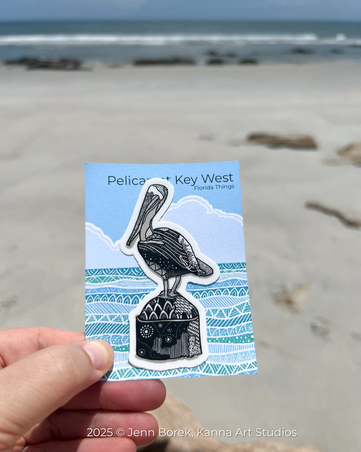 Pelican Key West Stickers 3" | Pelican Key West Vinyl Sticker | Black & White, Waterproof Pelican Decal for Laptop, Water Bottle, Journal, Gift for Ocean Lovers