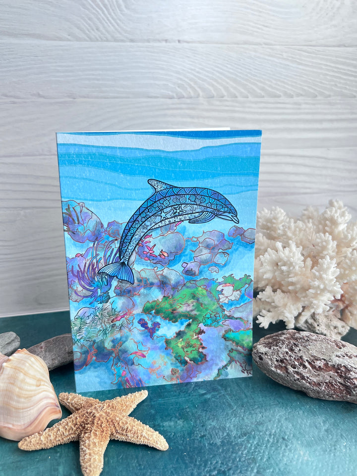 Dolphin Blank Note Card 4.5 x 6.25 | Colorful Ocean Animal Greeting Card | Cute/Iconic Dolphin Stationery, Coastal Gift