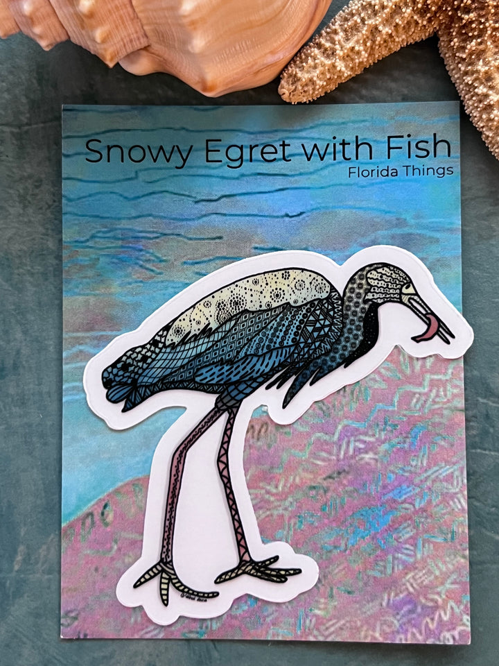 Snowy Egret & Fish | Stickers 2" or 3" | Shore Bird Snowy Egret Vinyl Sticker | Clear, Blue, Waterproof Snowy Egret Decal for Laptop, Water Bottle, Journal, Gift for Ocean Lovers