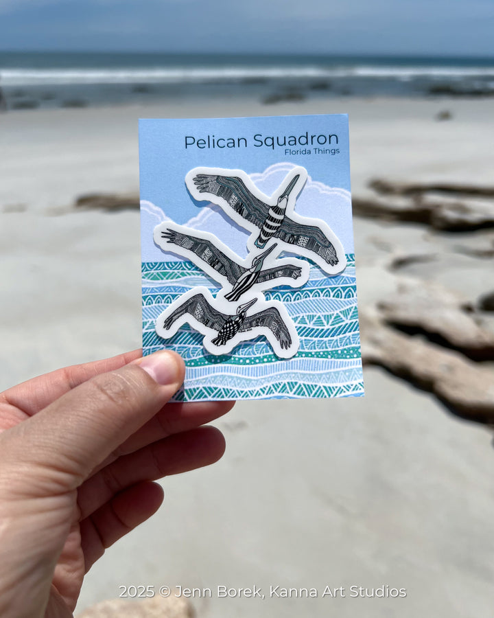 Pelican Squadron Stickers 3" | Cute Ocean Pelican Squadron Vinyl Sticker | Black & White, Waterproof Pelican Squadron Decal for Laptop, Water Bottle, Journal, Gift for Ocean Lovers