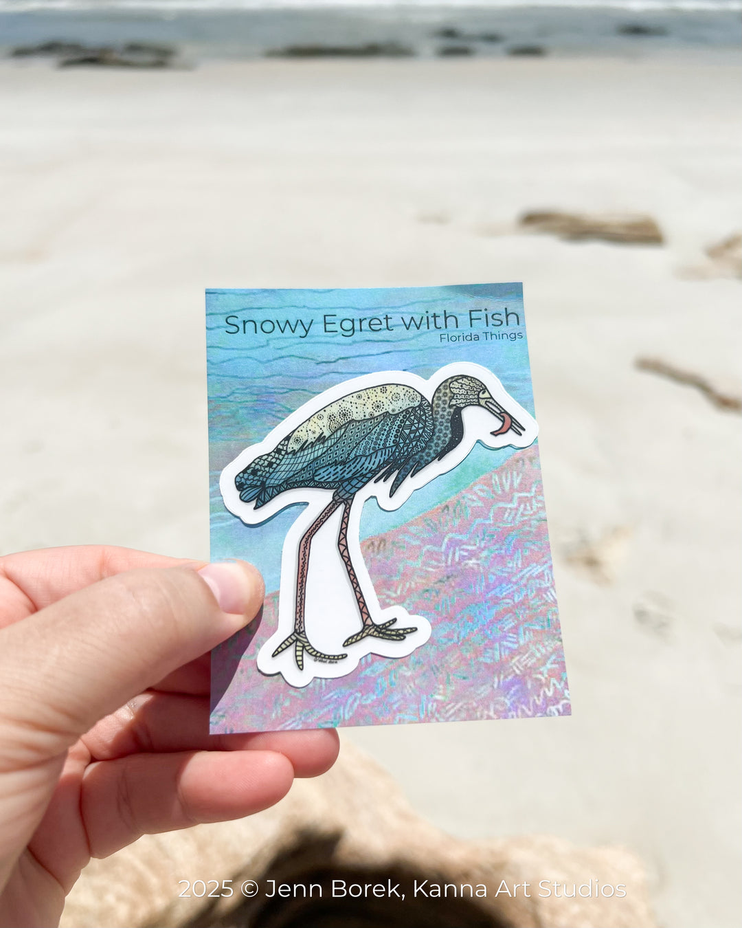 Snowy Egret & Fish | Stickers 2" or 3" | Shore Bird Snowy Egret Vinyl Sticker | Clear, Blue, Waterproof Snowy Egret Decal for Laptop, Water Bottle, Journal, Gift for Ocean Lovers