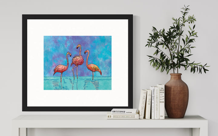Flamingos Art Print 8 x 10 | Colorful Ocean Wall Art | Flamingos Marine Life Illustration, Coastal Beach Decor