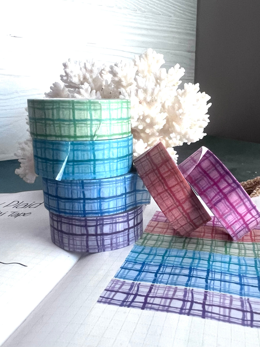 Washi Tape Wavy Plaid | 15mm Hand-Drawn Plaid Washi Tape | Colorful Journal, Planner & Scrapbook Tape | Pink, Orange, Green, Turquoise, Blue, Purple