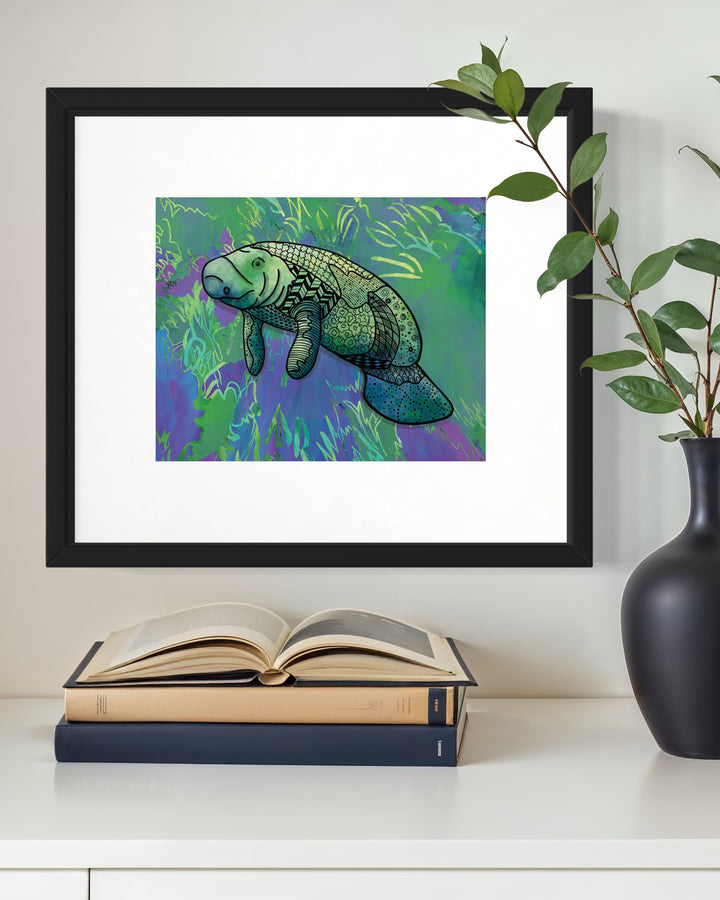 Manatee Art Print 8 x 10 | Colorful Ocean Wall Art | Manatee Life Illustration, Coastal Beach Decor