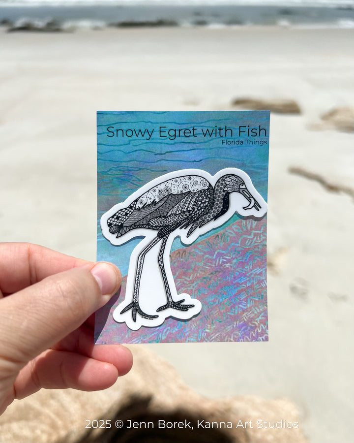 Snowy Egret & Fish | Stickers 3" | Shore Bird Snowy Egret Vinyl Sticker | Black & White, Waterproof Snowy Egret Decal for Laptop, Water Bottle, Journal, Gift for Ocean Lovers