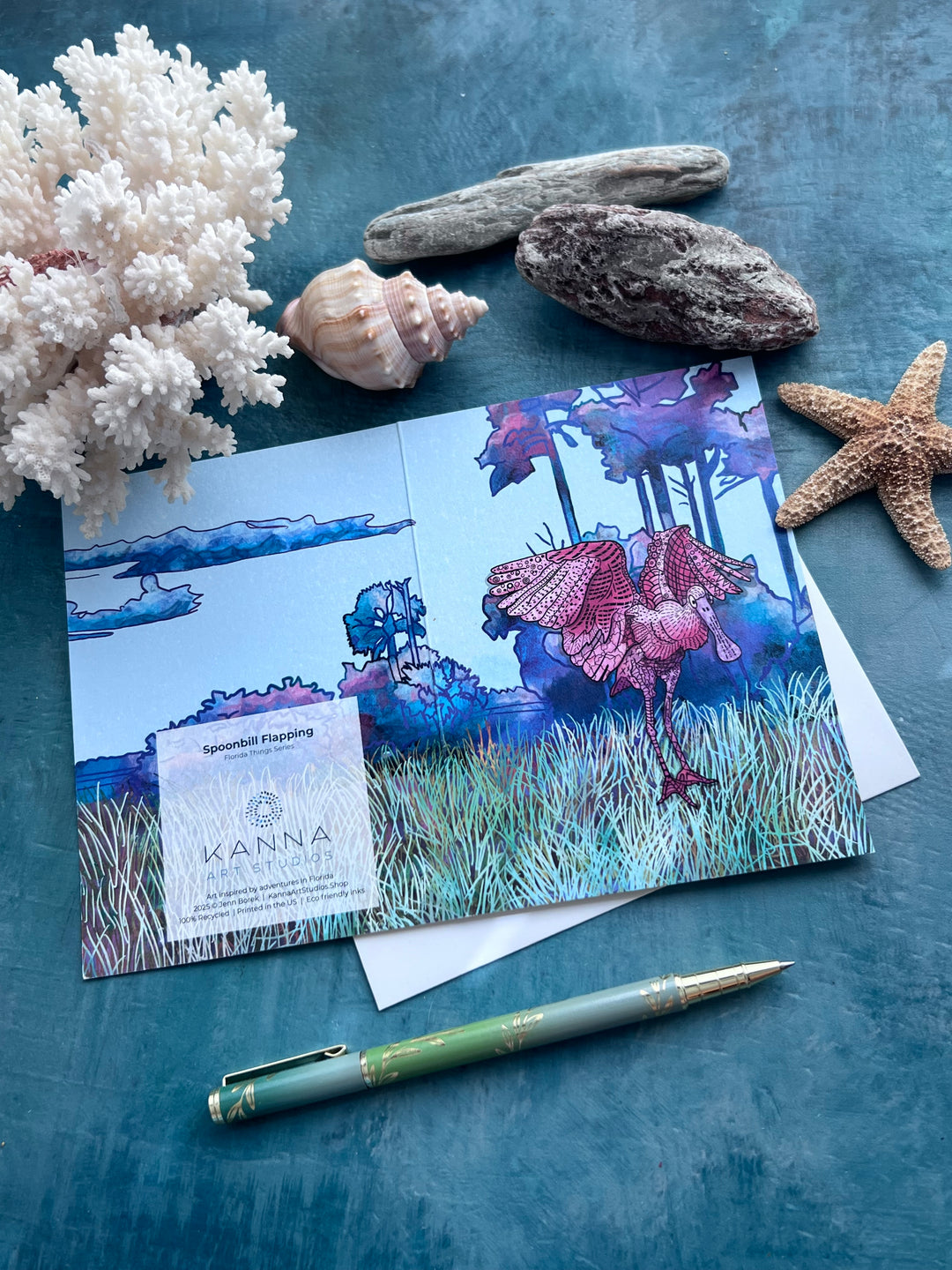 Spoonbill Flapping | Blank Note Card 4.5 x 6.25 | Colorful Ocean Animal Greeting Card | Spoonbill Stationery, Coastal Gift