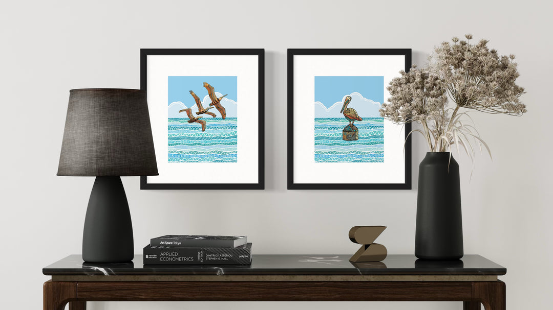 Pelican Squadron Art Print 8 x 10 | Colorful Ocean Wall Art | Pelican Squadron Life Illustration, Coastal Beach Decor