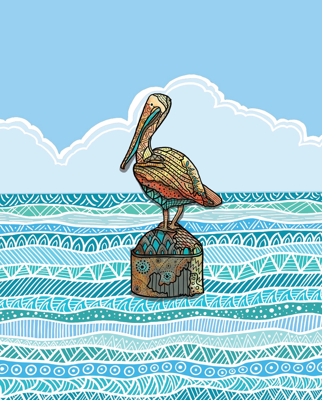 Pelican Key West Art Print 8 x 10 | Colorful Ocean Wall Art | Pelican Key West Life Illustration, Coastal Beach Decor