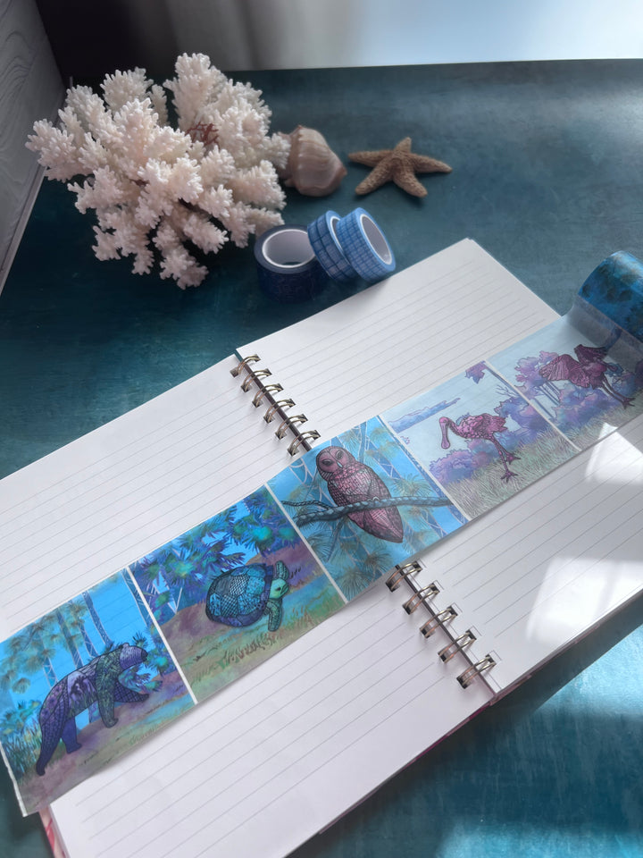 Florida Things Forest & Marsh Washi Tape | 3 Inches x 33 Feet | Florida Black Bear, Gopher Tortoise, Roseate Spoonbill & Barred Owl | Nature Journaling Tape | Florida Wildlife