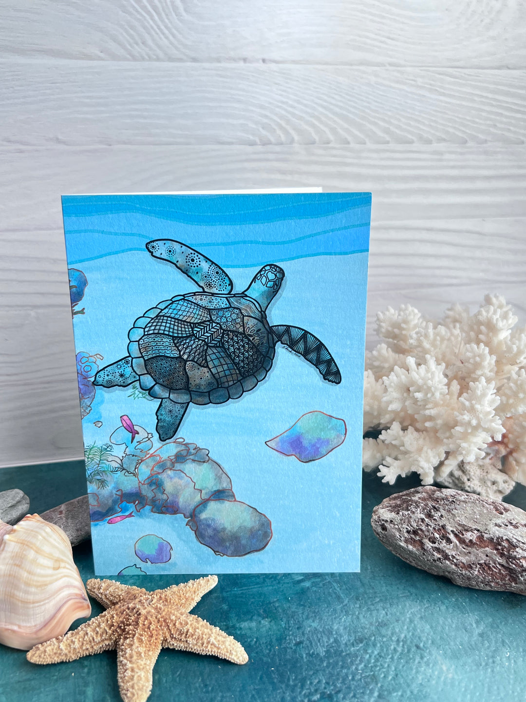 Sea Turtle Full Color Blank Note Card 4.5 x 6.25 | Ocean Animal Greeting Card | Cute Turtle Stationery, Coastal Gift