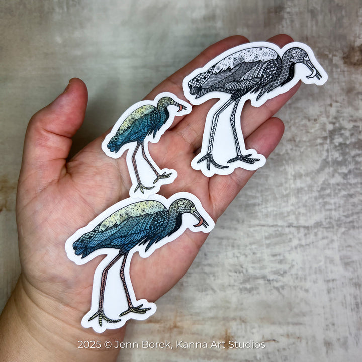 Snowy Egret & Fish | Stickers 3" | Shore Bird Snowy Egret Vinyl Sticker | Black & White, Waterproof Snowy Egret Decal for Laptop, Water Bottle, Journal, Gift for Ocean Lovers