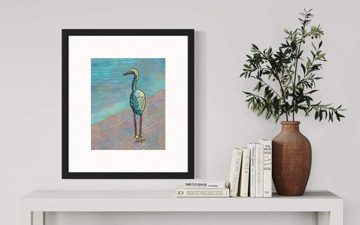 Snowy Egret | Art Print 8 x 10 | Colorful Ocean Wall Art | Snowy Egret Life Illustration, Coastal Beach Decor