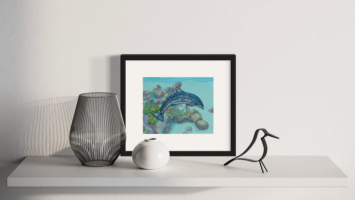 Dolphin Art Print 8 x 10 | Ocean Wall Art | Marine Life Illustration, Coastal Beach Decor