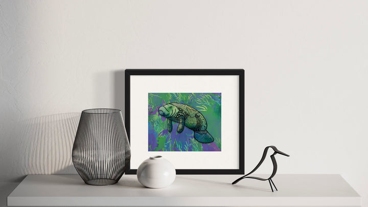 Manatee Art Print 8 x 10 | Colorful Ocean Wall Art | Manatee Life Illustration, Coastal Beach Decor