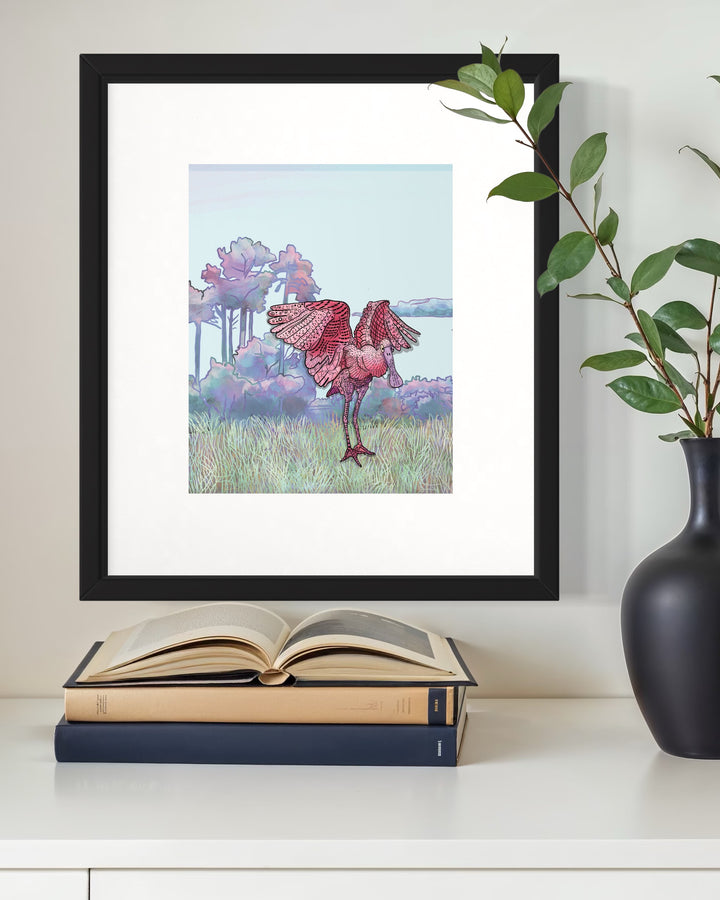 Spoonbill Flapping | Art Print 8 x 10 | Colorful Ocean Wall Art | Spoonbill Life Illustration, Coastal Beach Decor