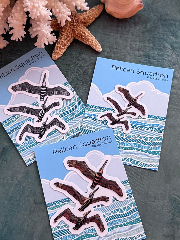 Pelican Squadron Stickers 2" or 3" | Cute Ocean Pelican Squadron Vinyl Sticker | Clear, Blue, Waterproof Pelican Squadron Decal for Laptop, Water Bottle, Journal, Gift for Ocean Lovers