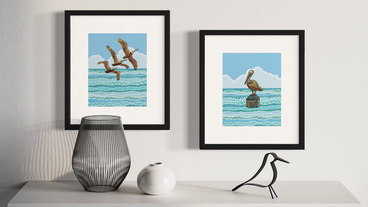 Pelican Squadron Art Print 8 x 10 | Colorful Ocean Wall Art | Pelican Squadron Life Illustration, Coastal Beach Decor