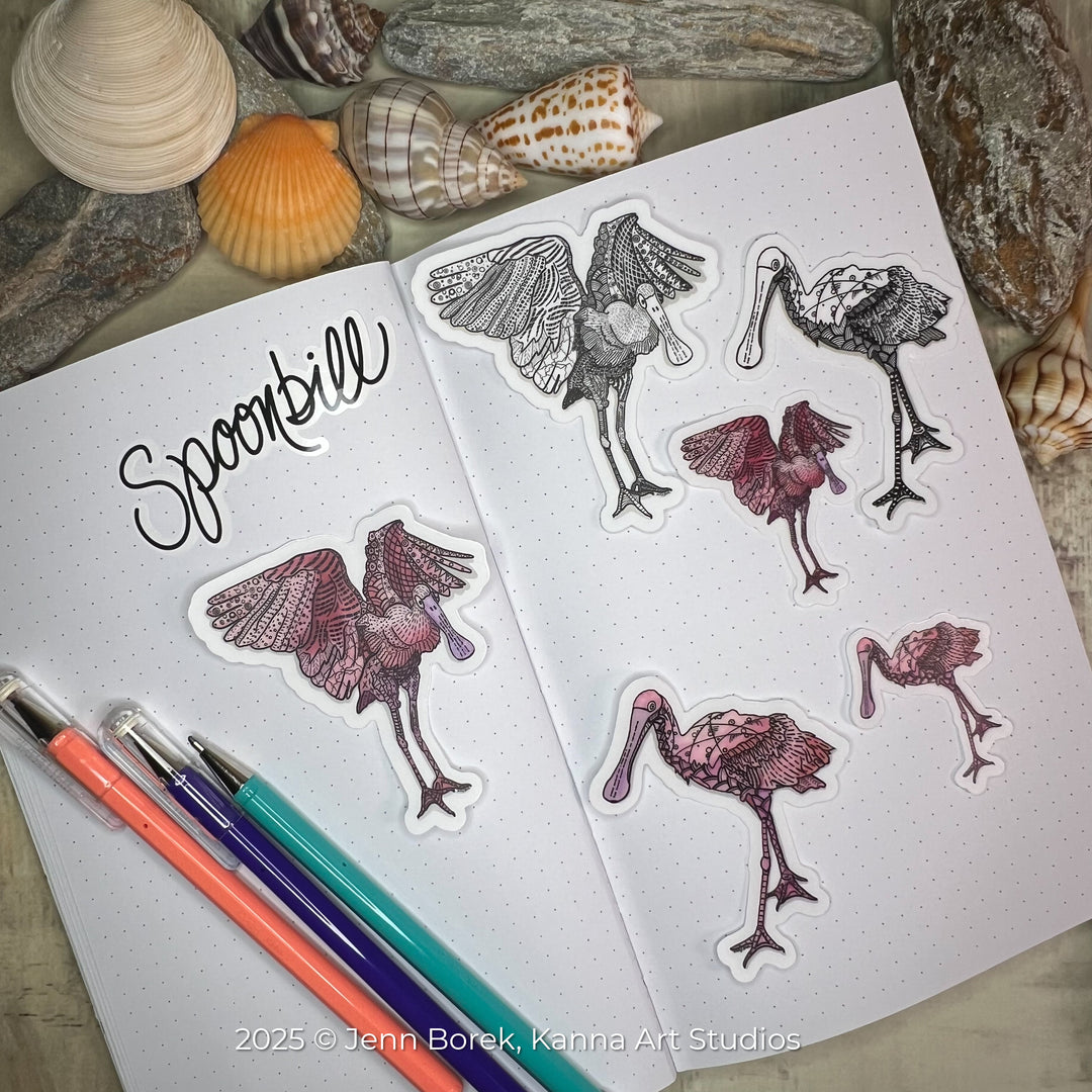 Spoonbill Flapping | Stickers 3" | Spoonbill Vinyl Sticker | Black & White, Waterproof Spoonbill Decal for Laptop, Water Bottle, Journal, Gift for Ocean Lovers