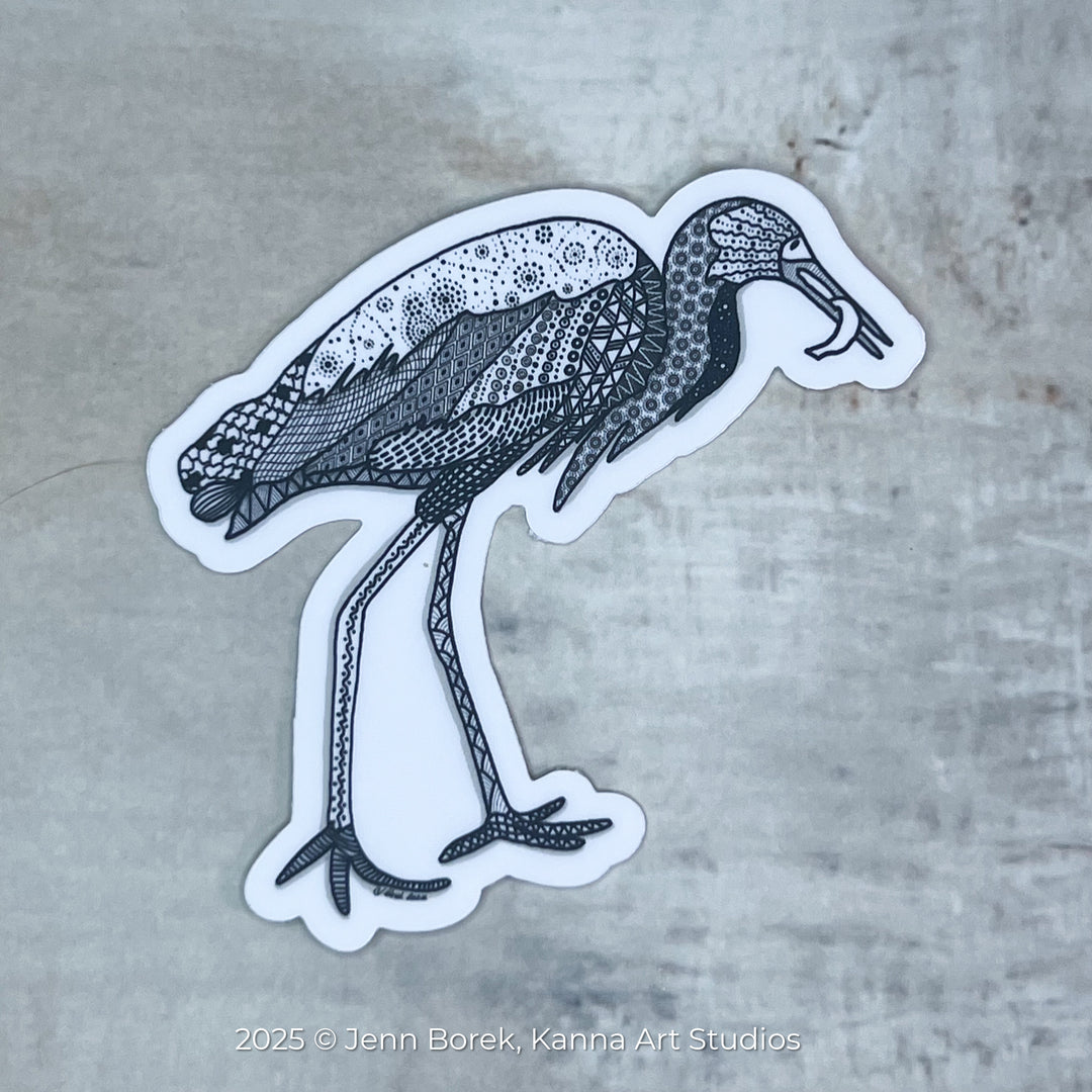 Snowy Egret & Fish | Stickers 3" | Shore Bird Snowy Egret Vinyl Sticker | Black & White, Waterproof Snowy Egret Decal for Laptop, Water Bottle, Journal, Gift for Ocean Lovers