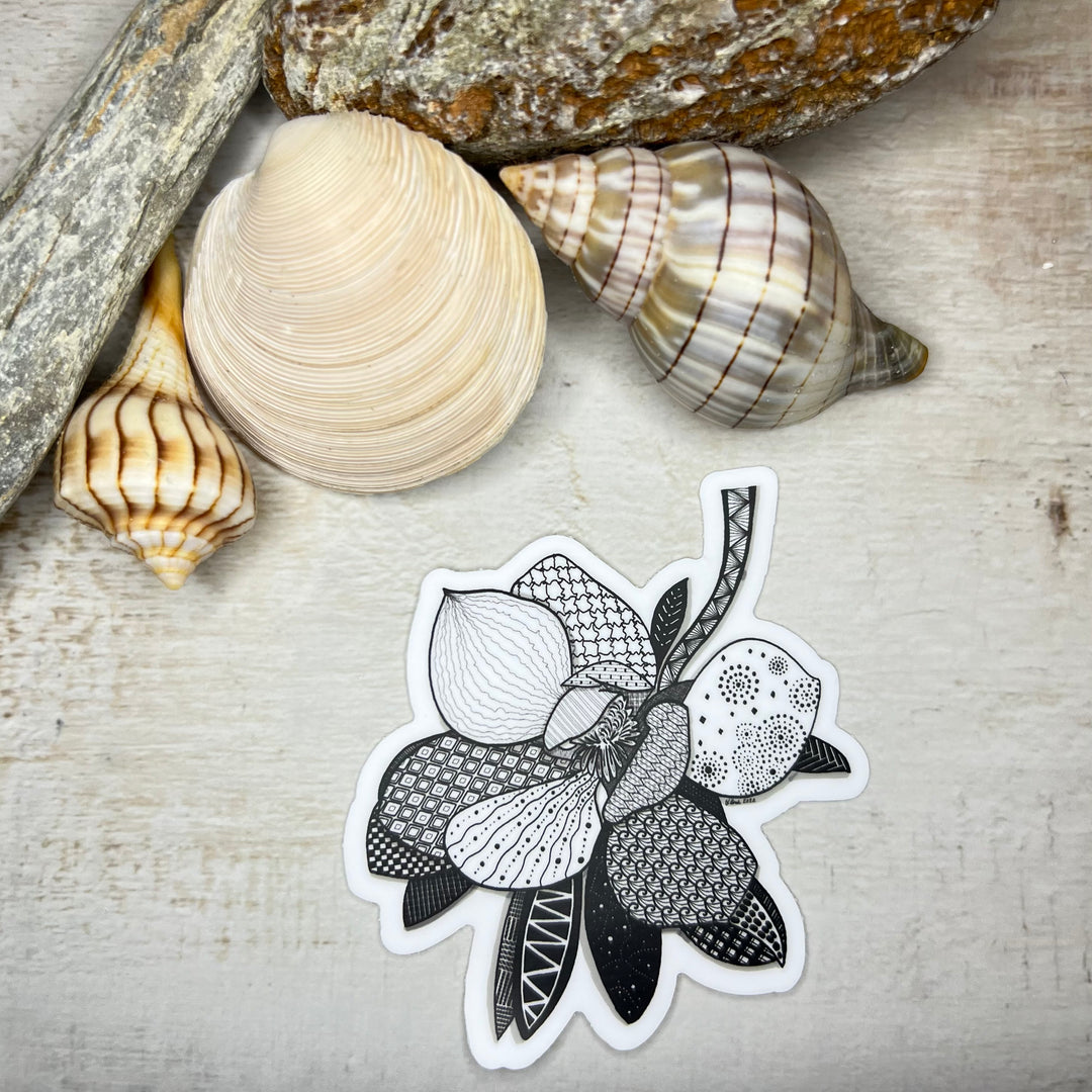 Sticker - Magnolia 1 - Black & White - white background - 2.8" x 3"