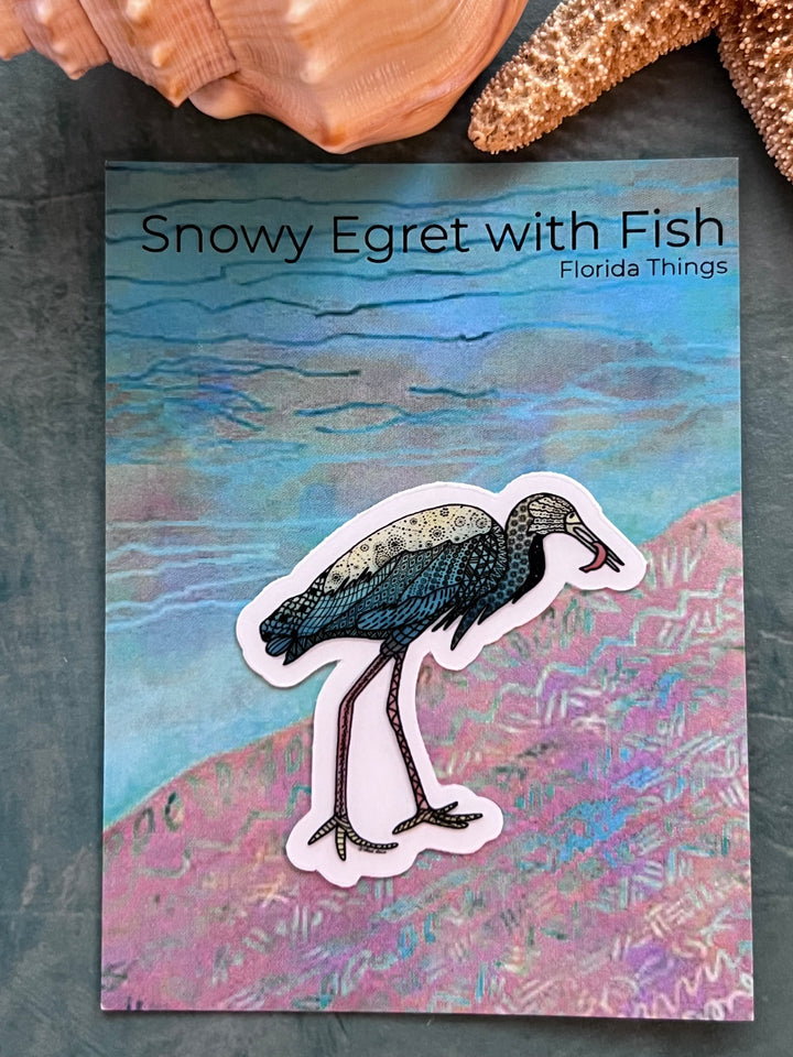 Snowy Egret & Fish | Stickers 2" or 3" | Shore Bird Snowy Egret Vinyl Sticker | Clear, Blue, Waterproof Snowy Egret Decal for Laptop, Water Bottle, Journal, Gift for Ocean Lovers