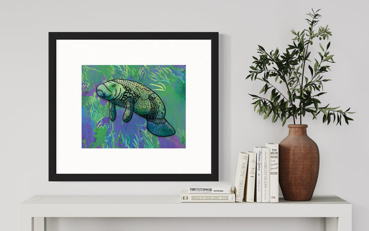 Manatee Art Print 8 x 10 | Colorful Ocean Wall Art | Manatee Life Illustration, Coastal Beach Decor