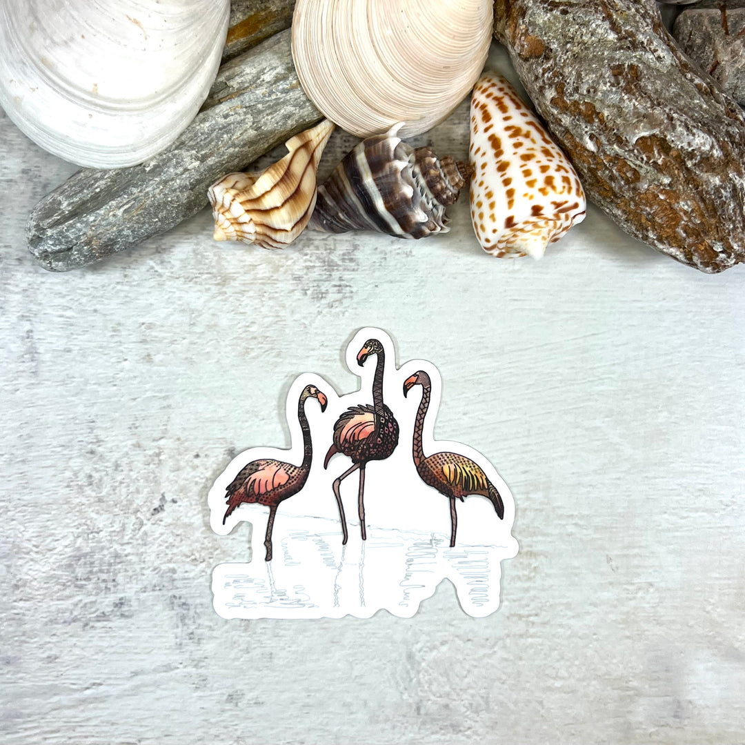 Sticker - Three Flamingoes - Pink - white background - 3x2.8"