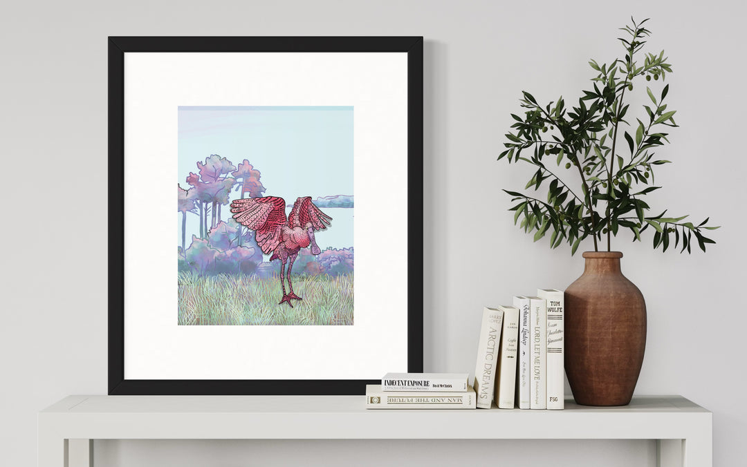 Spoonbill Flapping | Art Print 8 x 10 | Colorful Ocean Wall Art | Spoonbill Life Illustration, Coastal Beach Decor